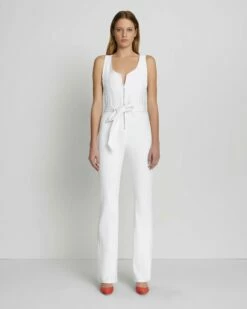7 For All Mankind Front Zip Flare Jumpsuit In Brilliant White
