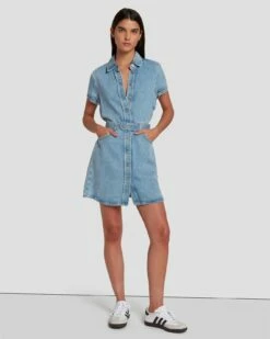 7 For All Mankind Denim Lustre Shirt Dress In Volcan Blue -7 For All Mankind Sales 7U895C86 VCB 6