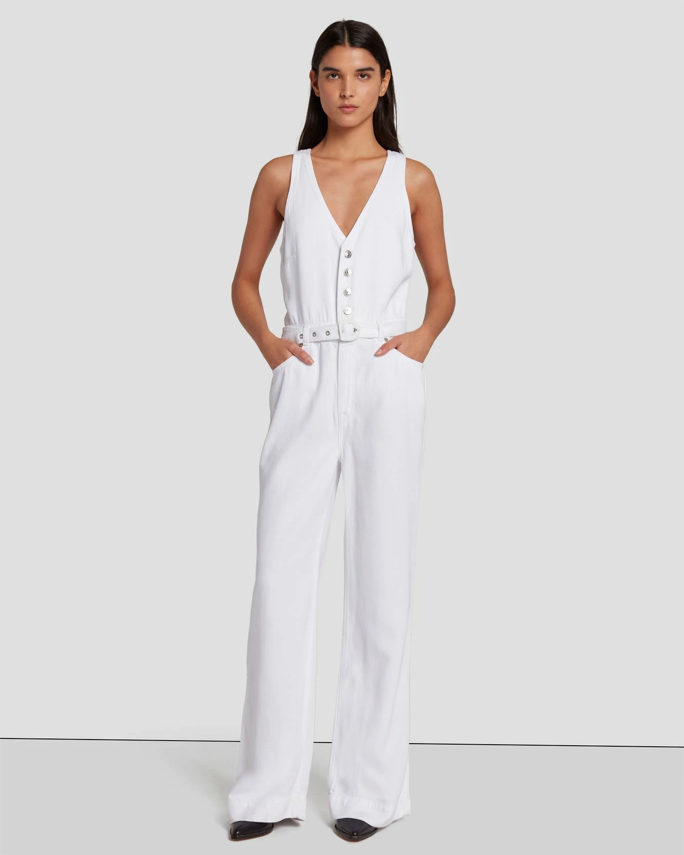 7 For All Mankind Denim Lustre Tailored Wide Leg Jumpsuit In Brilliant White 3 7 For All Mankind Denim Lustre Tailored Wide Leg Jumpsuit In Brilliant White