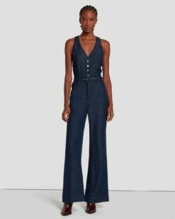 7 For All Mankind Denim Lustre Tailored Wide Leg Jumpsuit In Dark Rinse