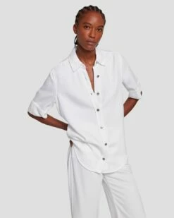 7 For All Mankind Denim Lustre Short Sleeve Shirt In Brilliant White -7 For All Mankind Sales 7U993786 BW0 3