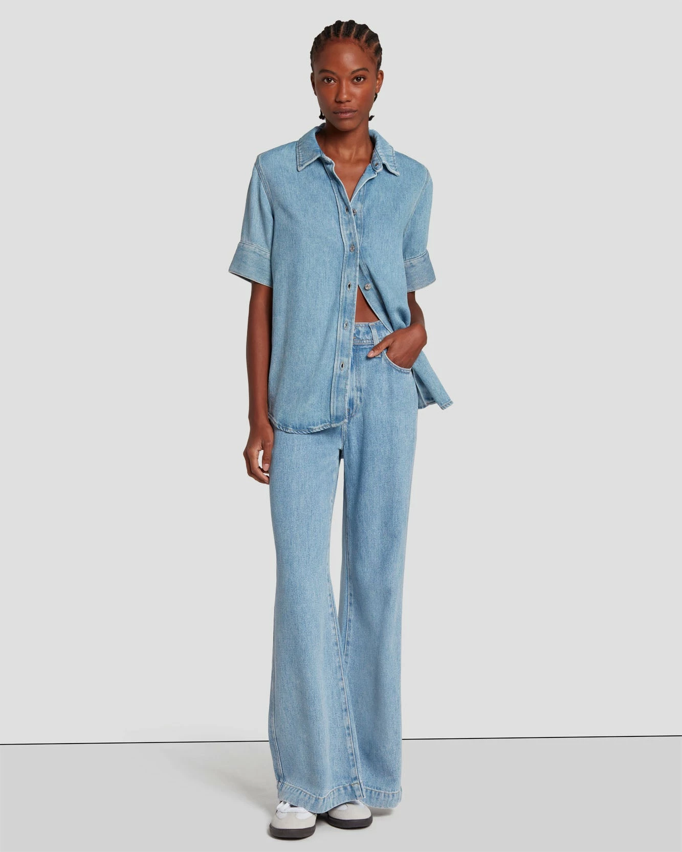 7 For All Mankind Denim Lustre Short Sleeve Shirt In Volcan Blue 4 7 For All Mankind Denim Lustre Short Sleeve Shirt In Volcan Blue - Image 2