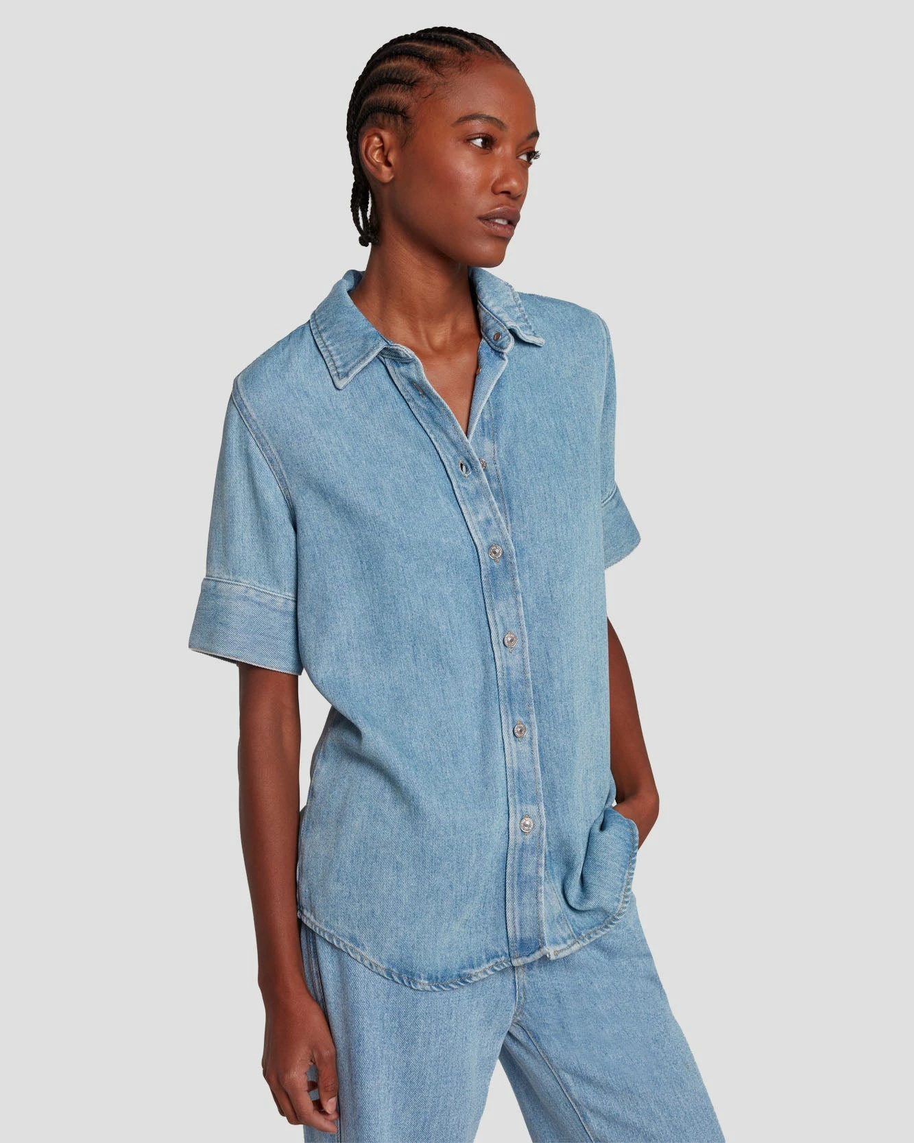 7 For All Mankind Denim Lustre Short Sleeve Shirt In Volcan Blue 5 7 For All Mankind Denim Lustre Short Sleeve Shirt In Volcan Blue - Image 3