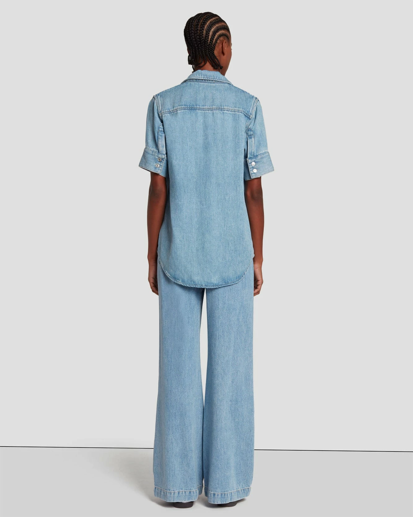 7 For All Mankind Denim Lustre Short Sleeve Shirt In Volcan Blue 6 7 For All Mankind Denim Lustre Short Sleeve Shirt In Volcan Blue - Image 4