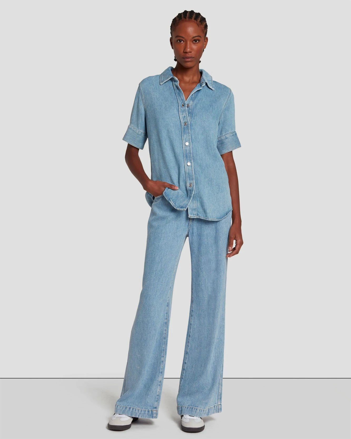 7 For All Mankind Denim Lustre Short Sleeve Shirt In Volcan Blue 8 7 For All Mankind Denim Lustre Short Sleeve Shirt In Volcan Blue - Image 6