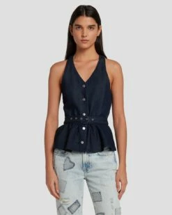7 For All Mankind Denim Lustre Tailored Vest In Dark Rinse