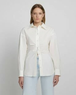 7 For All Mankind Cinched Waist Button Up Shirt In Antique White