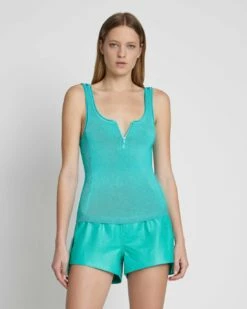 7 For All Mankind High Shine Quarter Zip Ribbed Tank In Atlantis