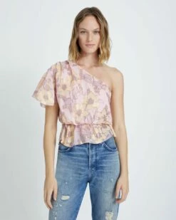 7 For All Mankind One Shoulder Silk Ruffle Blouse In Blush
