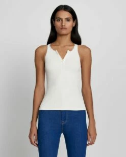 7 For All Mankind Quarter Zip Ribbed Tank In Antique White