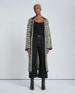 7 For All Mankind Jacquard Long Sweater Cardigan In Leopard